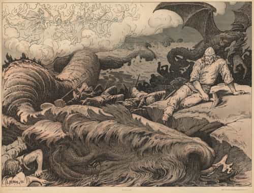 Jörmungand vaincu par Thor lors du Ragnarök
