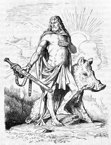 Freyr tenant Mimming et le sanglier Gullinbursti